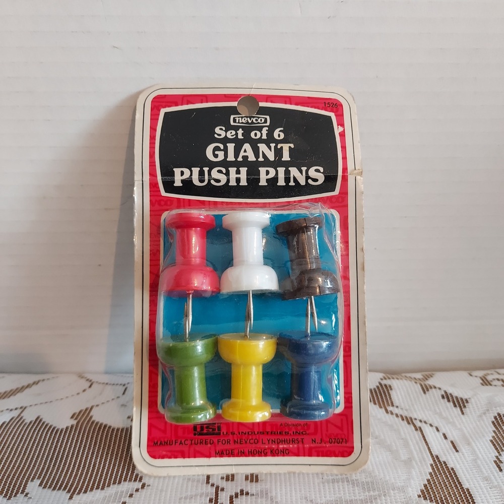 Vintage Nevco Giant Push Pins Set of 6 Multicolor Retro Office Supplies 1526